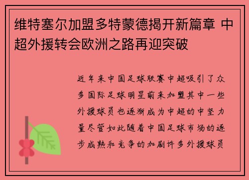 维特塞尔加盟多特蒙德揭开新篇章 中超外援转会欧洲之路再迎突破