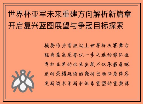 世界杯亚军未来重建方向解析新篇章开启复兴蓝图展望与争冠目标探索